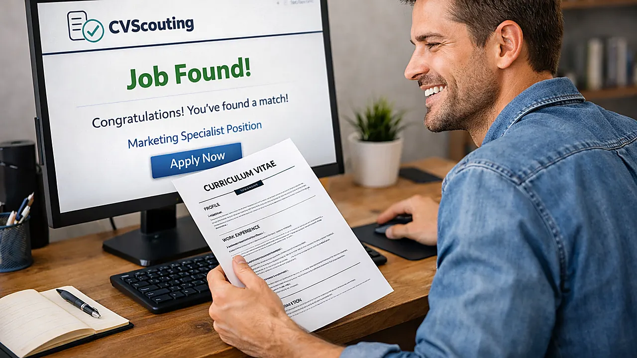 CVScouting match preview image showing a candidate reviewing a resume beside a desktop screen with a job found result.