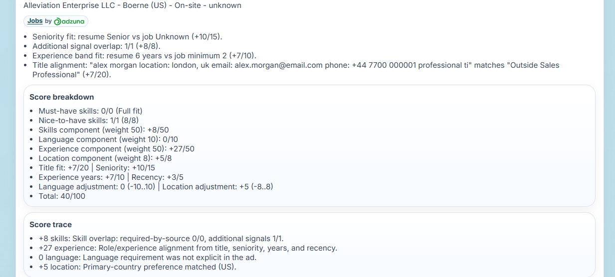 CVScouting tutorial step 3 showing Match Score breakdown, score trace, and ranked result reasoning after rerunning resume matching.