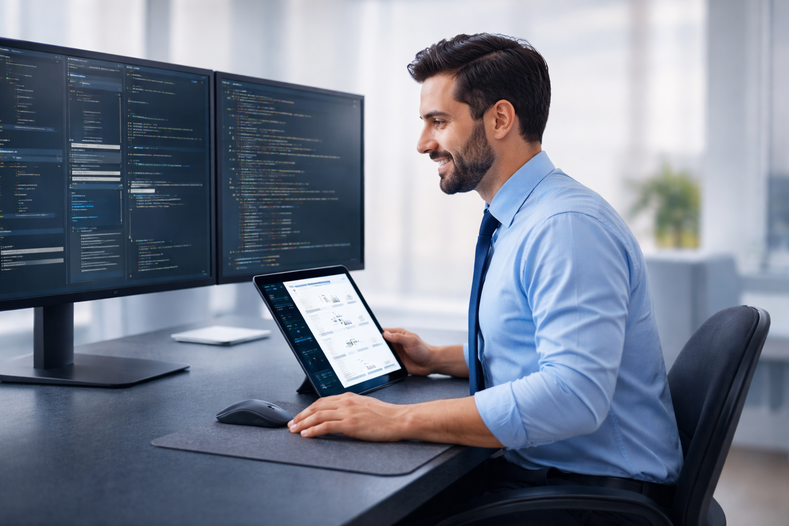 Photo of an IT developer reviewing code across multiple screens while holding a tablet.