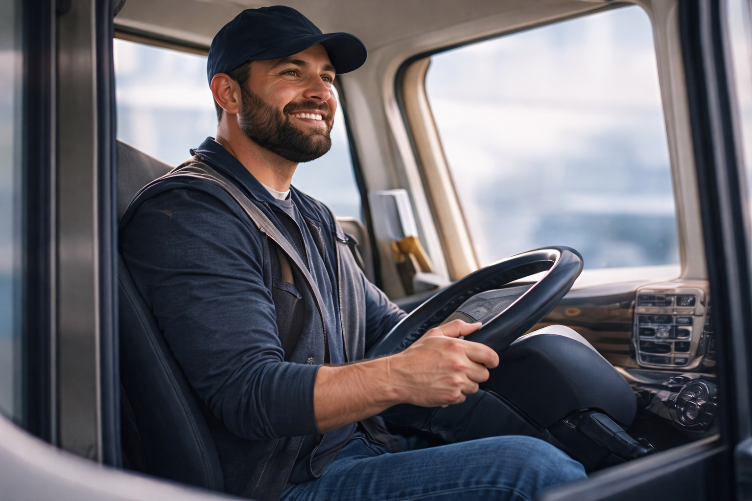 Photo of a truck driver smiling from the cab while holding the steering wheel.